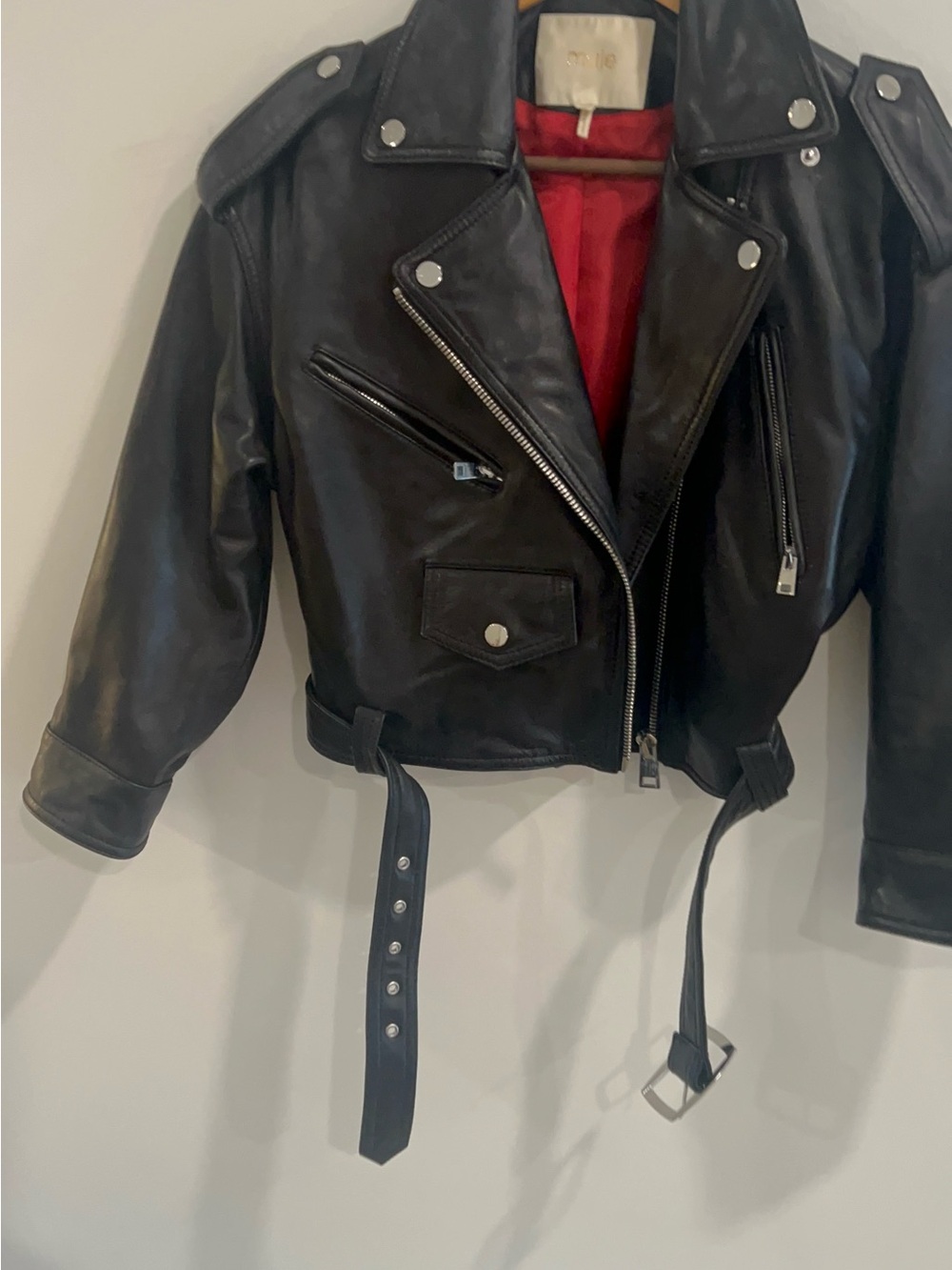 Maje Black Leather Biker Jacket with Red Lining size 38 - Picture 6 of 12